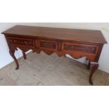 Early 18th C style cross-banded three drawer dresser base with carved cabriole legs (168cm x 46cm