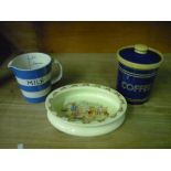 T G Green Cornish ware Milk measuring jug, mid-century coffee jar and cover and a Royal Dalton