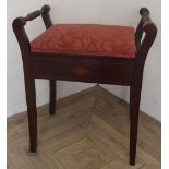 Late Victorian mahogany inlaid piano stool with hinged lift up top, with a selection of carol and