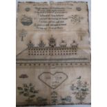 George 111 needlework sampler, worked with motto above large country house, indistinctly dated