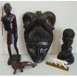 Collection of Tribal hardwood and other figures, masks etc and three bone models of Tigers