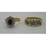18ct gold ring pave set with diamonds stamped .750 and an ruby and diamond cluster ring stamped