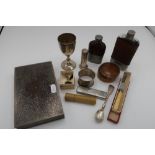 Two silver plated and leather covered glass hip flasks, other EPNS ware including cigarette box,