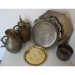 Box containing a selection of various Eastern brass engraved trays, jardinieres, jugs etc