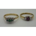 An 18ct gold ring set with emeralds and diamonds, and a diamond and ruby trilogy ring, both