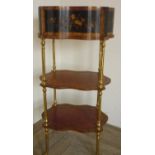 20th C walnut three tier jardiniere with floral marquetry panels and leather insert shelves, lift