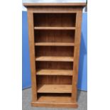 Rustic wax finished bookcase with five adjustable shelves on a plinth base (93cm x 184cm x 36cm)