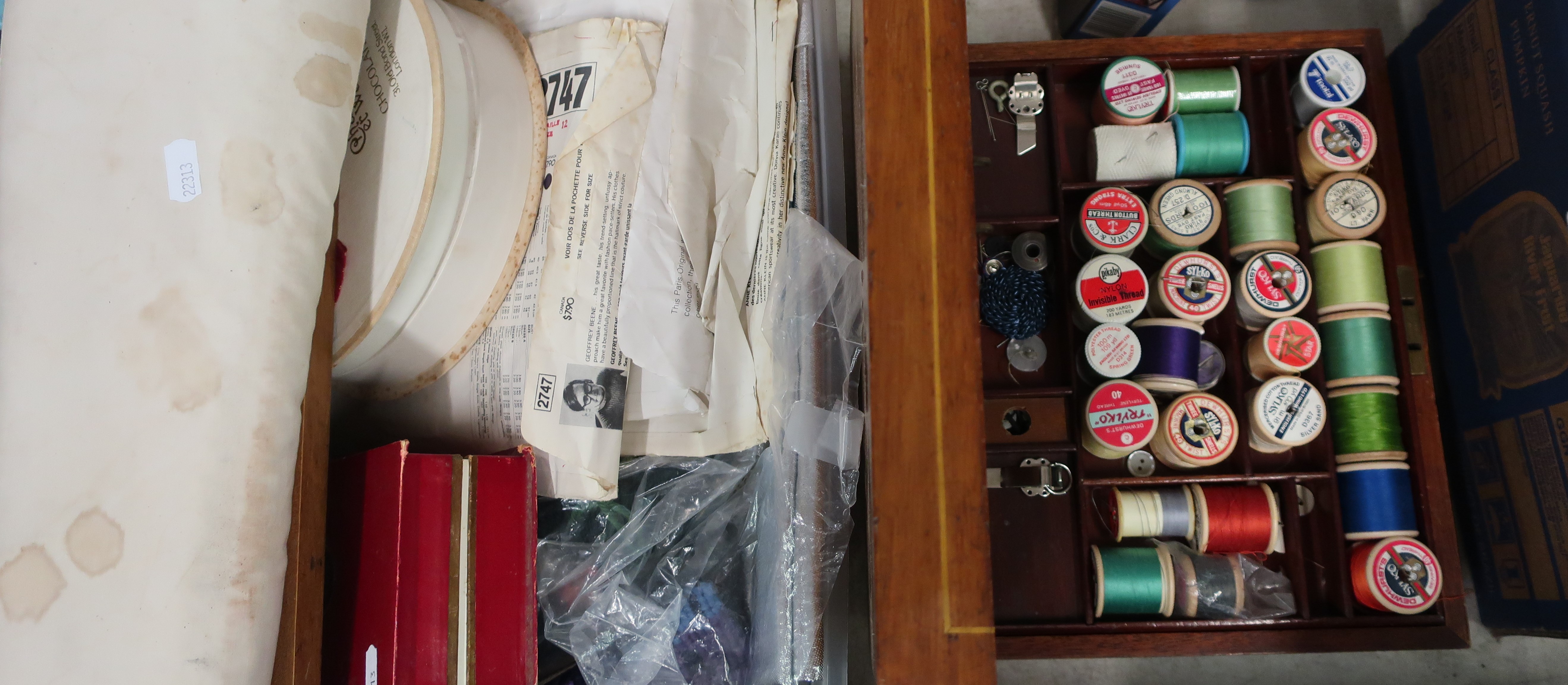 Box of various sewing equipment items