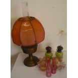 Copper oil lamp, pair of Vaseline glass lamps converted to electric and various shades etc