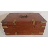 Edwardian oak and brass bound box with swing hinged handle and lift out tray (43cm x 26cm x 18cm)