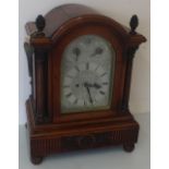 Edwardian oak cased bracket clock, the arched engraved steel dial with two subsidiary dials, the