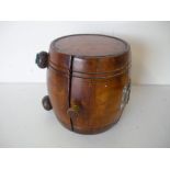 Late Victorian barrel shaped box of coopered construction, on four ball feet (12cm x 12cm)