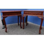 Pair of Ancient Mariner hard wood single drawer side tables on angular cabriole legs, similar nest