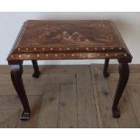 Indian rectangular hardwood marquetry and bone inlaid occasional table, on angular cabriole legs, (