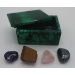 Small rectangular Malachite box with lid, containing four small polished crystals, (6.5cm x 5cm)