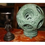 Small bronze candle stand in the form of a toad on a stump, and a large carved and polished soap