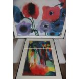Still life of Poppies, colour print and figures walking in a park (max 38cm x 48cm) (2)