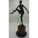 Bronze Art Deco style figure of a semi-clad dancing girl with hula-hoop, on raised marble base (48cm