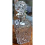 Hallmarked silver mounted lead crystal square decanter and stopper (height 27cm)