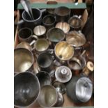 Large selection of various silver plated tankards, trophy cups, various pewter tankards, hot water