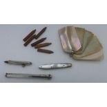 Two Edwardian silver pencils, Birmingham 1905-8, Mother of Pearl aide-memoire and a Mother of