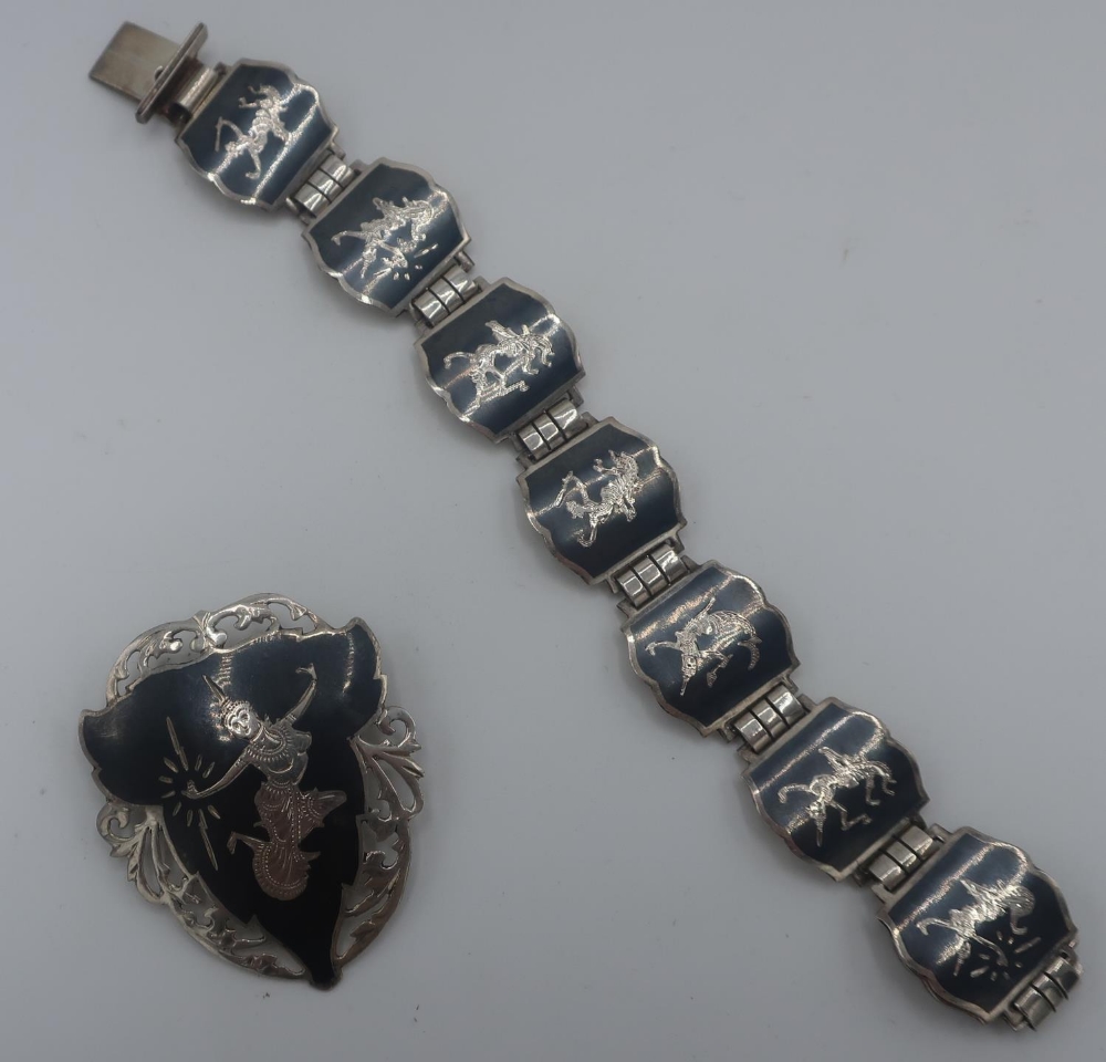 Siam sterling silver Niello seven link bracelet, dancers on black shield; a similar brooch and a New - Image 3 of 3