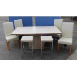 Polished granite effect rectangular dining table on centre support, a set of four cream leather high