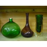 Mid Century green glass tapering vase and collection of coloured vases and other glassware,