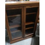 20th Century Oak bookcase, adjustable shelves, enclosed with glazed doors, plinth base (7cm x