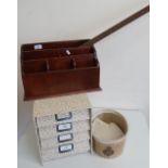 Table top desk tidy, vintage brass tipped ruler, desk top filing drawers and a Christie's of