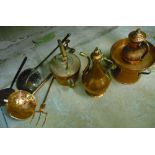 Victorian copper kettle, Eastern copper jug, two copper skimmers, copper toasting fork, brass