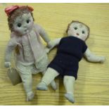 Pair of fabric boy and girl dolls, blue suit and dress, both painted and with wool hair (2)