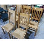 Set of five modern beech rush seated kitchen style chairs