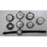 Waltham silver cased trench watch and seven other similar early 20th Century wrist watches