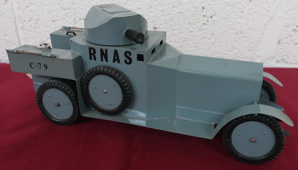 Hand made tin plate scale model of a WW1 RNAS Armoured Car, C. 79, grey body with swivel turret