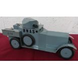Hand made tin plate scale model of a WW1 RNAS Armoured Car, C. 79, grey body with swivel turret