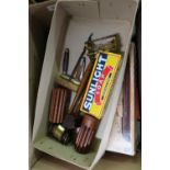 Box containing an extremely large selection of various assorted staplers, staples etc, gavels,