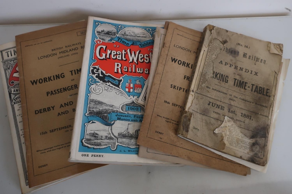 Box containing selection of various railway timetables and paperwork including Midland railway