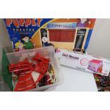 Boxed wooden Puppet Theatre with velvet curtains, collection of Playmobil figures and animals