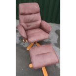 Contemporary recliner and matching footstool in suede type upholstery