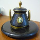 Bronze Regency style inkwell, with hinged top, cameo front and gilt painted detail (diameter 18cm,