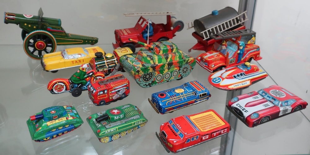 French tin plate Jeep with water pump trailer, Chinese friction powered fire engines, Chiefs car,