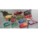 French tin plate Jeep with water pump trailer, Chinese friction powered fire engines, Chiefs car,