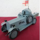 Hand made tin plate scale model of a WW1 RNAS Armoured Car, A. 34, grey body with swivel turret,