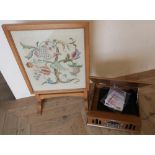 Retro record player and radio, No.10605 and a folding tapestry table/screen (2)