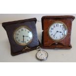 Early 20th C travelling clock in folding crocodile skin case 7 jewel Swiss movement, another similar