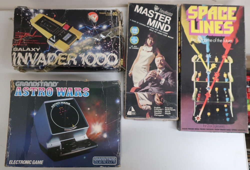 Astro Wars console game, and a similar Galaxy Invader game, both boxed, Mastermind and Spaceline