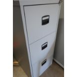 Grey metal three drawer filing cabinet with key (47cm x 63cm x 102cm)