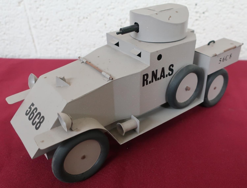 Hand made tin plate scale model of a WW1 RNAS Armoured Car, 56C8 , sand body with swivel turret - Image 3 of 3