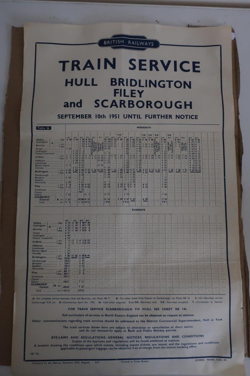 British railways train service Hull, Bridlington, Filey, Scarborough timetable. Dated September 1957